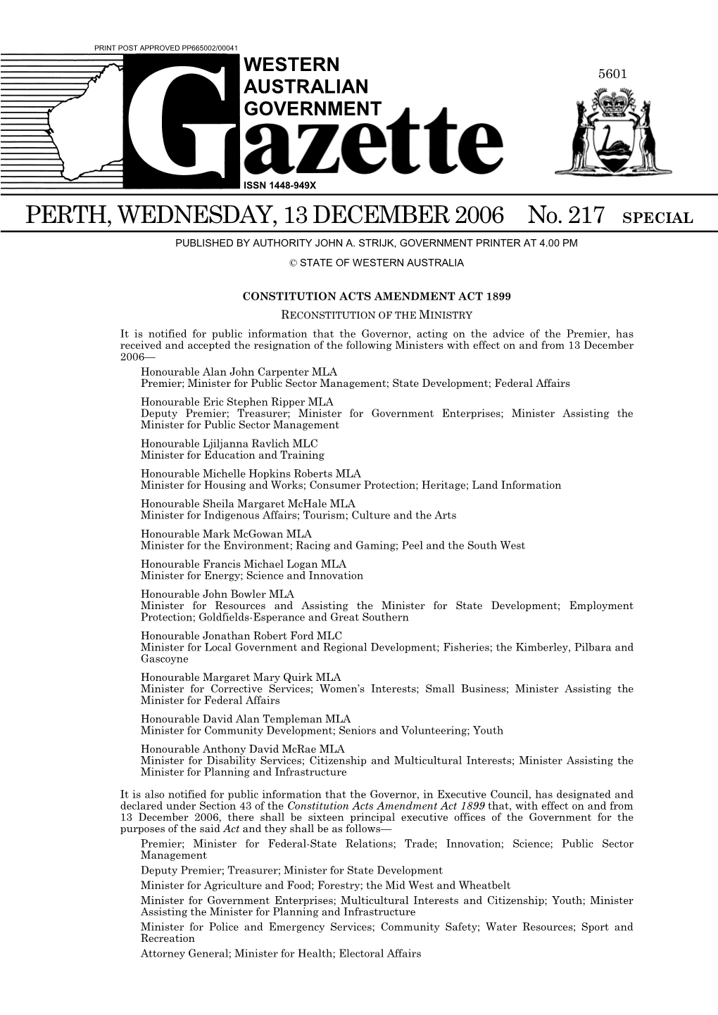PERTH, WEDNESDAY, 13 DECEMBER 2006 No. 217 SPECIAL PUBLISHED by AUTHORITY JOHN A