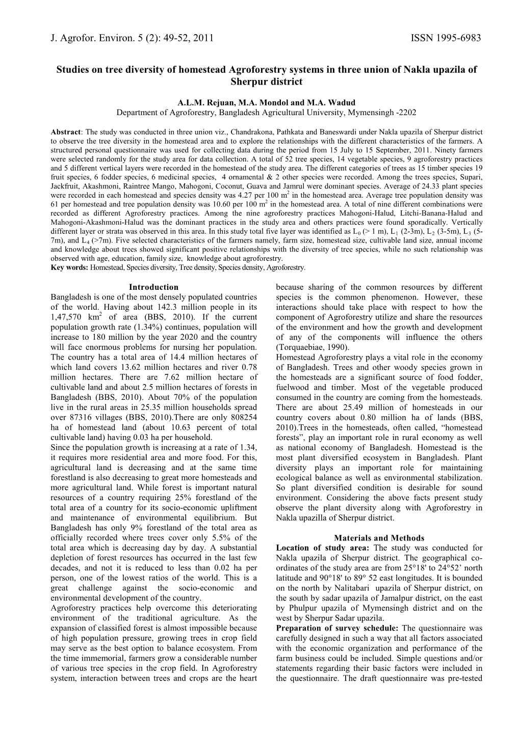 Studies on Tree Diversity of Homestead Agroforestry Systems in Three Union of Nakla Upazila of Sherpur District