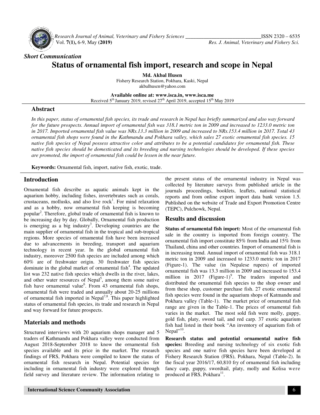Status of Ornamental Fish Impor F Ornamental Fish Import, Research and Scope in Nepal H and Scope in Nepal