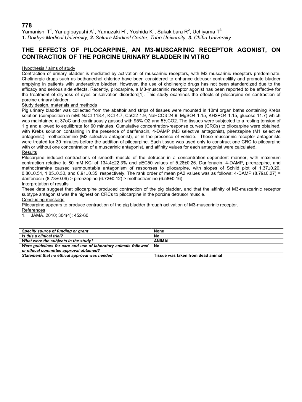 The Effects of Pilocarpine, an M3-Muscarinic Receptor Agonist, on Contraction of the Porcine Urinary Bladder in Vitro