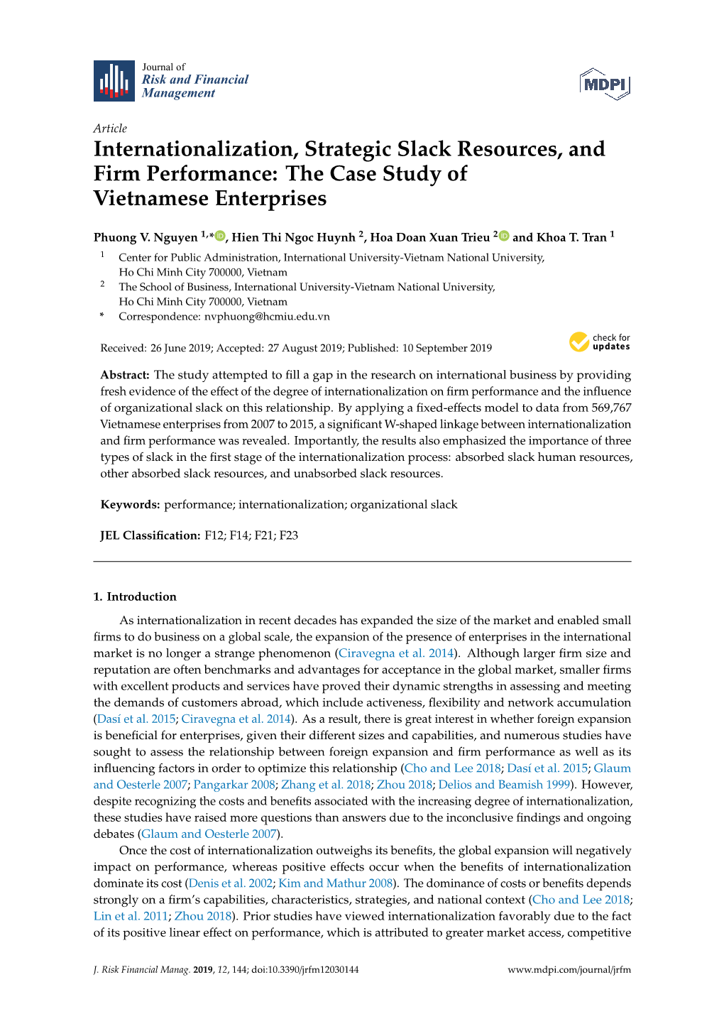 Internationalization, Strategic Slack Resources, and Firm Performance: the Case Study of Vietnamese Enterprises