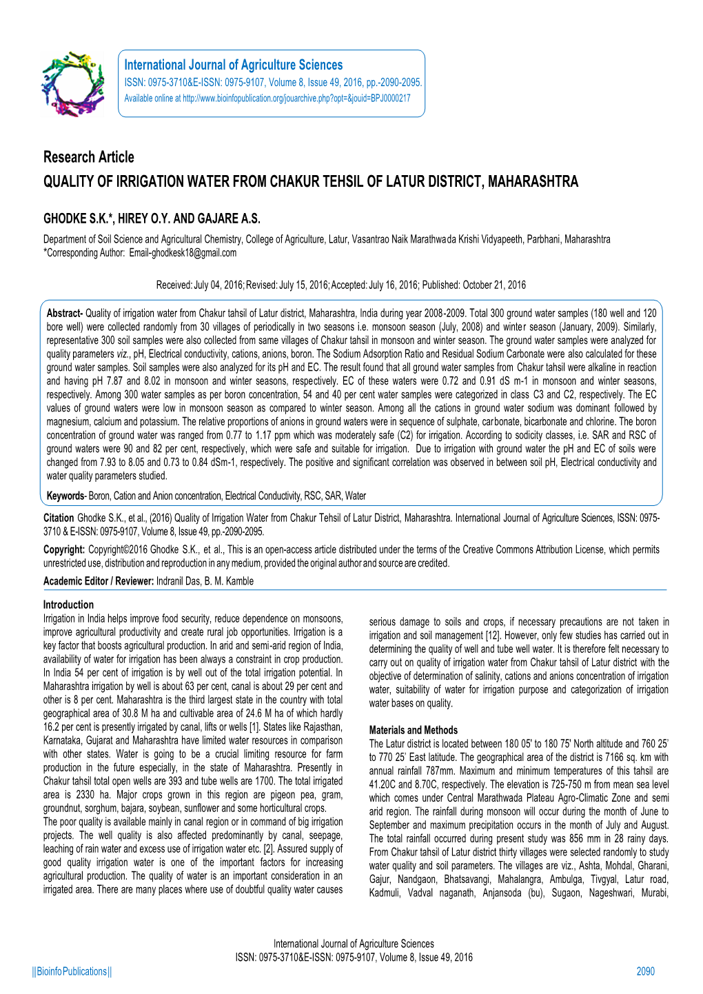 Research Article QUALITY of IRRIGATION WATER from CHAKUR TEHSIL of LATUR DISTRICT, MAHARASHTRA
