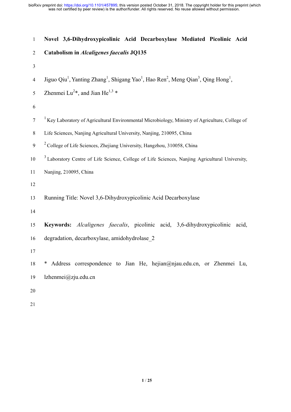 Novel 3,6-Dihydroxypicolinic Acid Decarboxylase Mediated Picolinic Acid