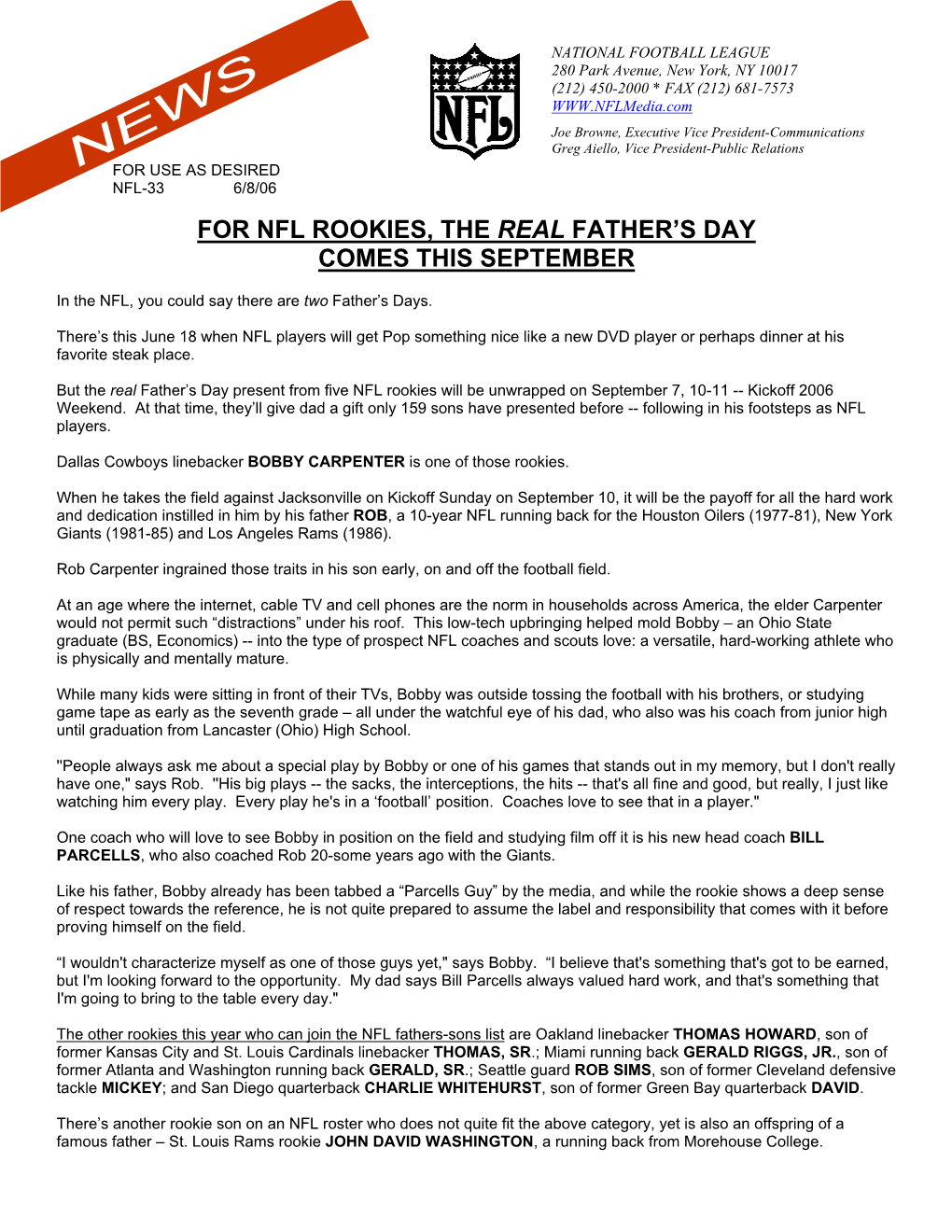 For Nfl Rookies, the Real Father's Day Comes This