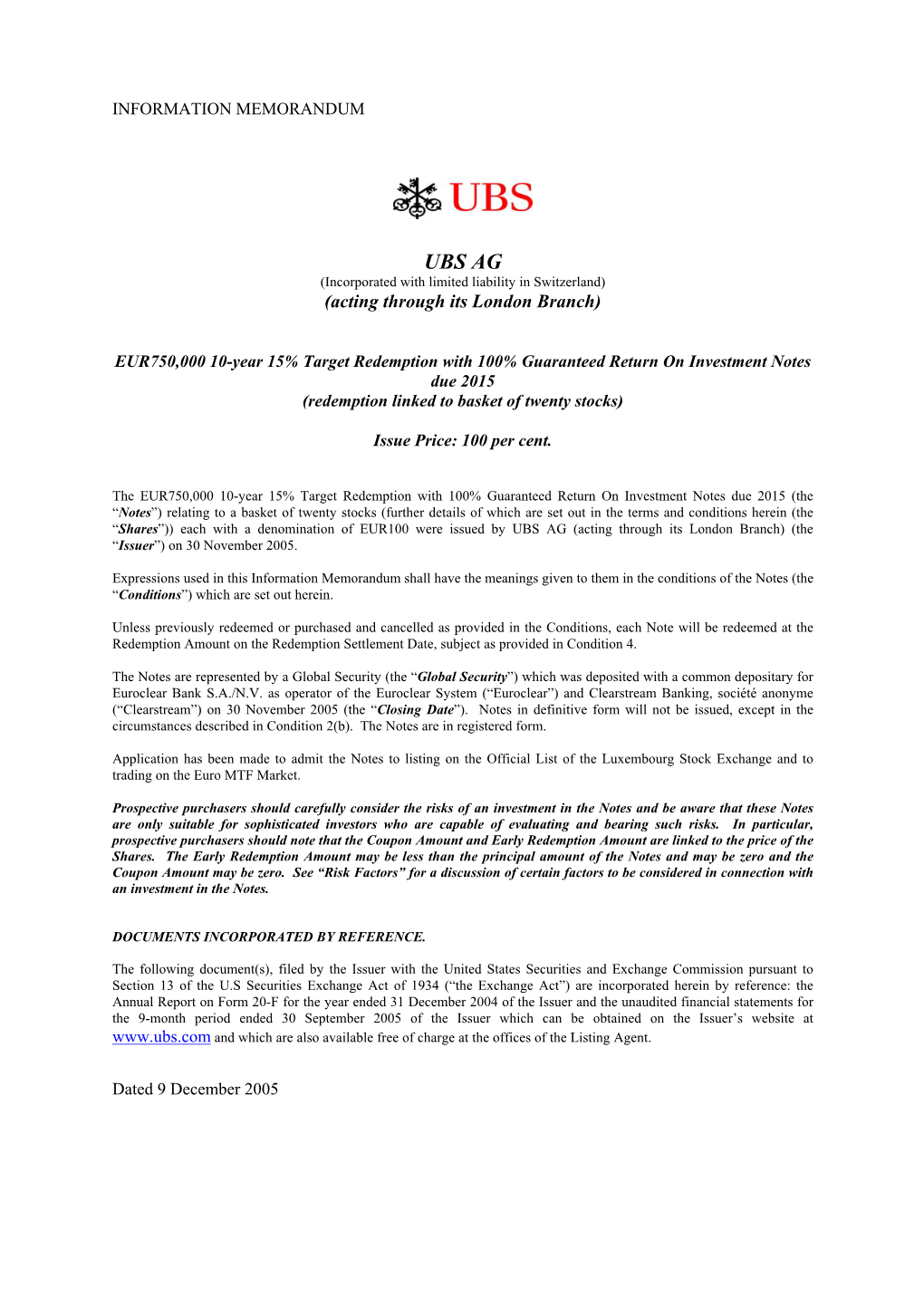 UBS AG (Incorporated with Limited Liability in Switzerland) (Acting Through Its London Branch)