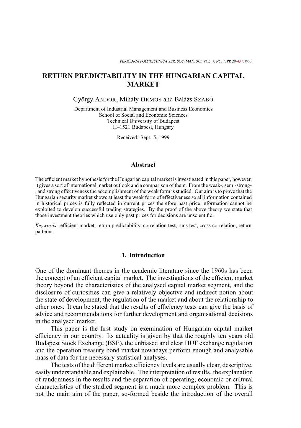 Return Predictability in the Hungarian Capital Market