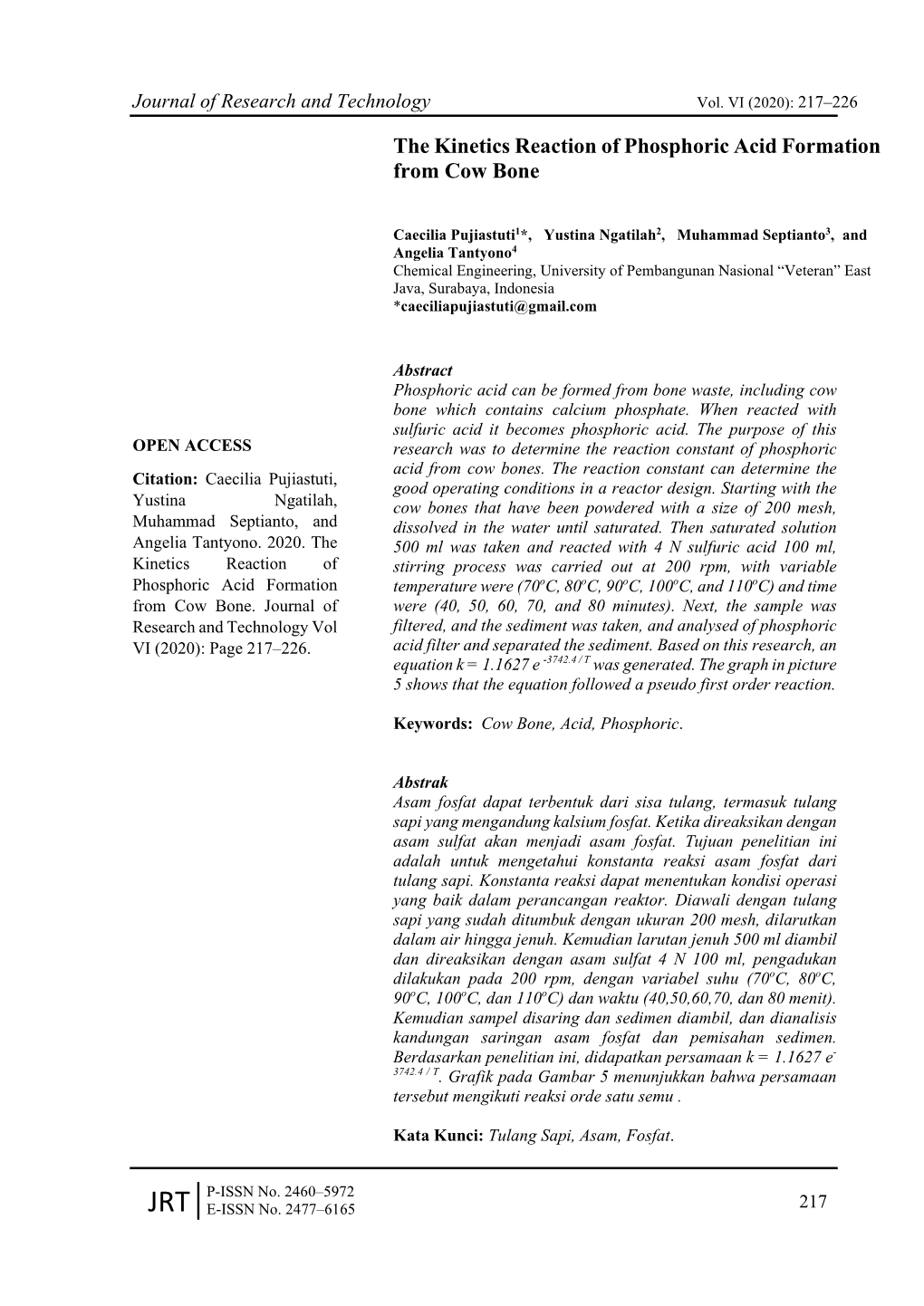 The Kinetics Reaction of Phosphoric Acid Formation from Cow Bone