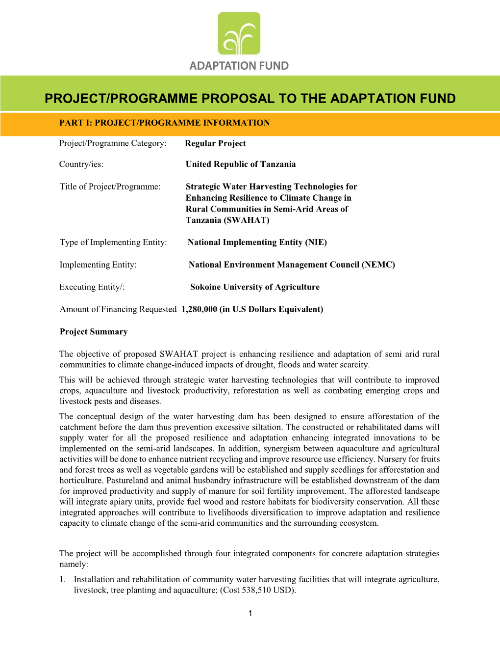 Project/Programme Proposal to the Adaptation Fund