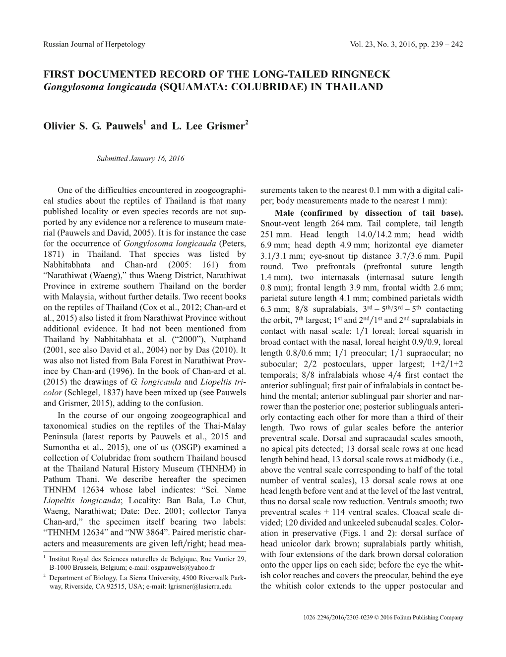 FIRST DOCUMENTED RECORD of the LONG-TAILED RINGNECK Gongylosoma Longicauda (SQUAMATA: COLUBRIDAE) in THAILAND