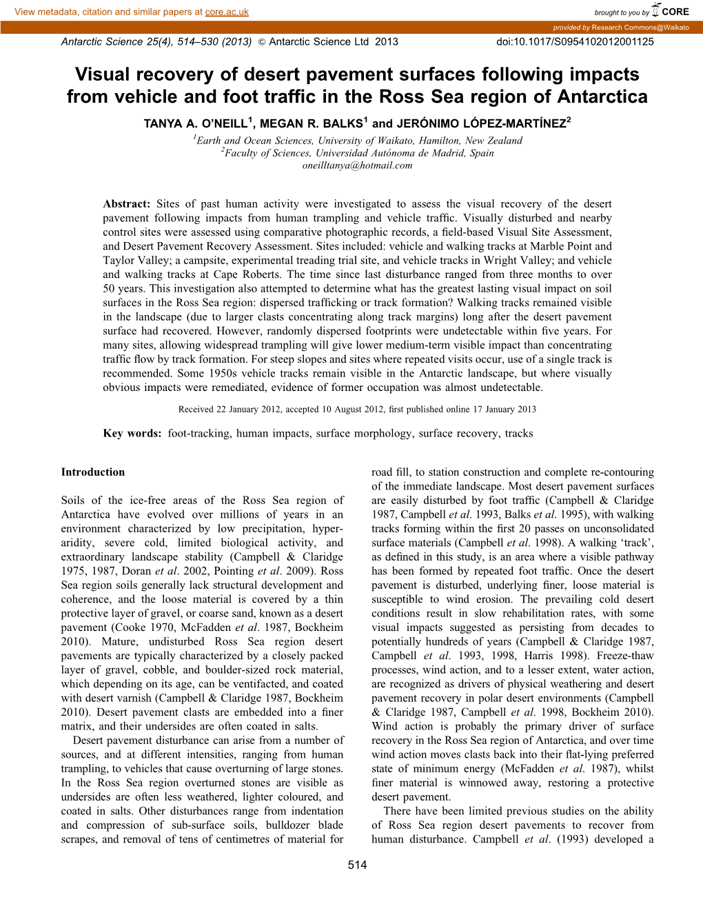 Visual Recovery of Desert Pavement Surfaces Following Impacts from Vehicle and Foot Trafﬁc in the Ross Sea Region of Antarctica TANYA A