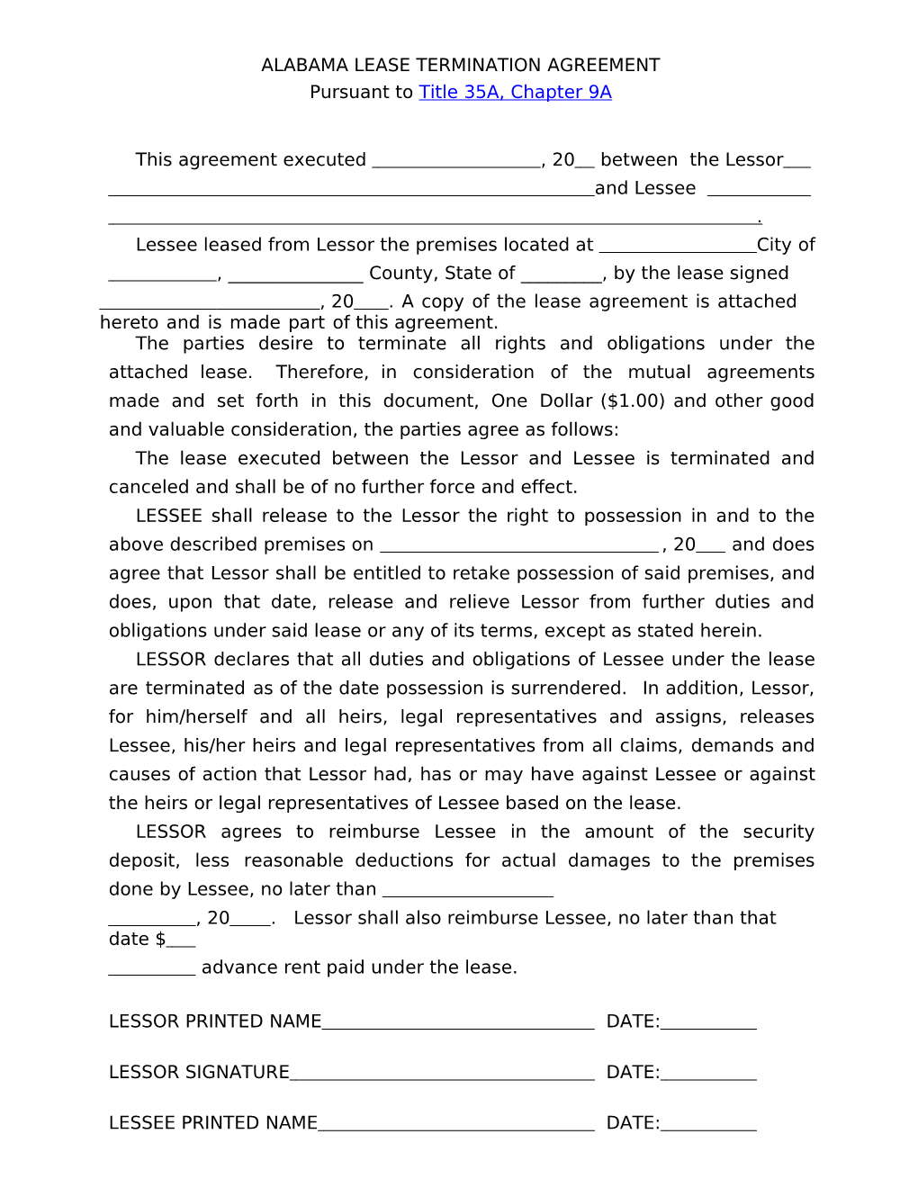 Alabama Lease Termination Agreement