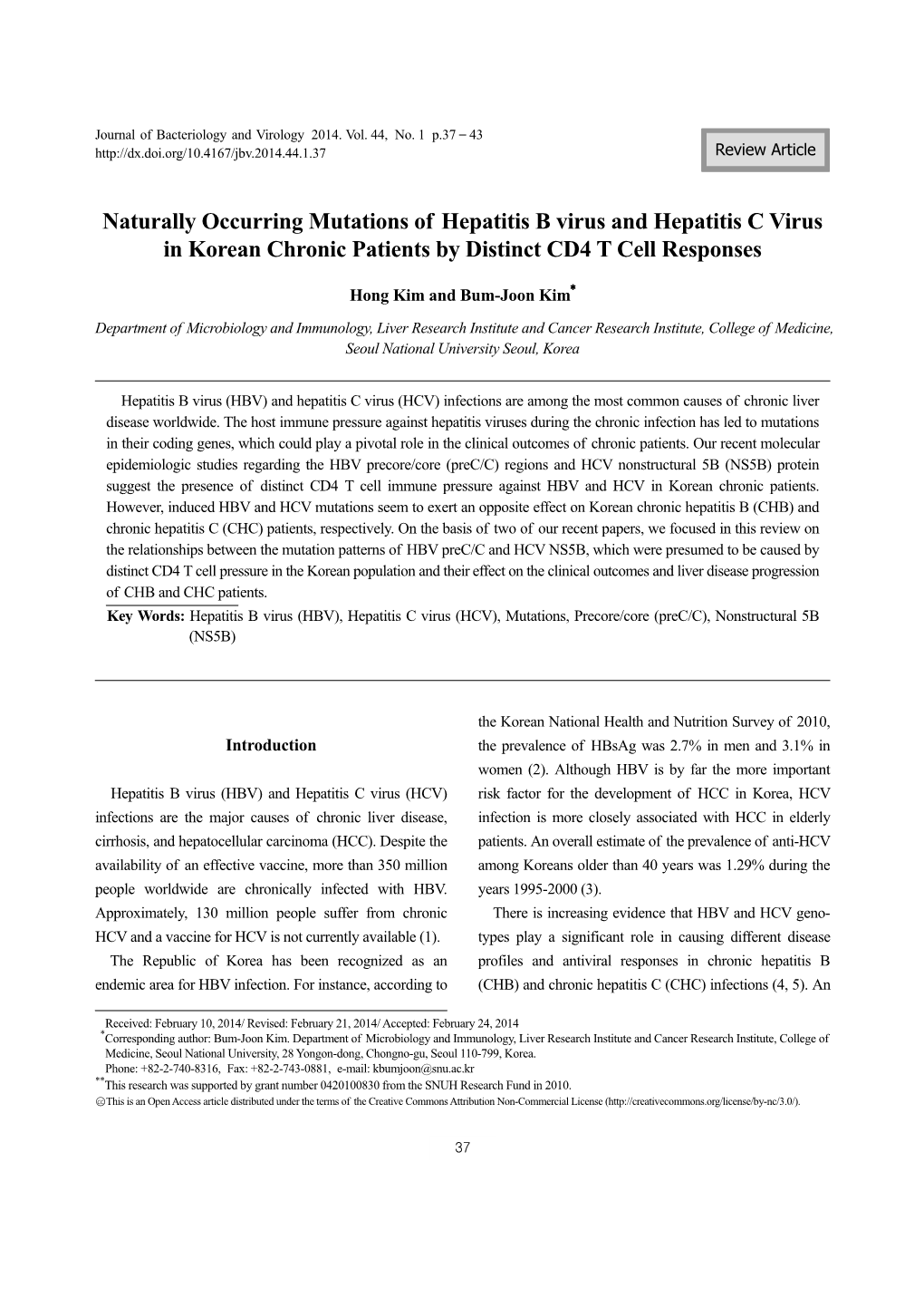 Naturally Occurring Mutations of Hepatitis B Virus and Hepatitis C Virus in Korean Chronic Patients by Distinct CD4 T Cell Responses