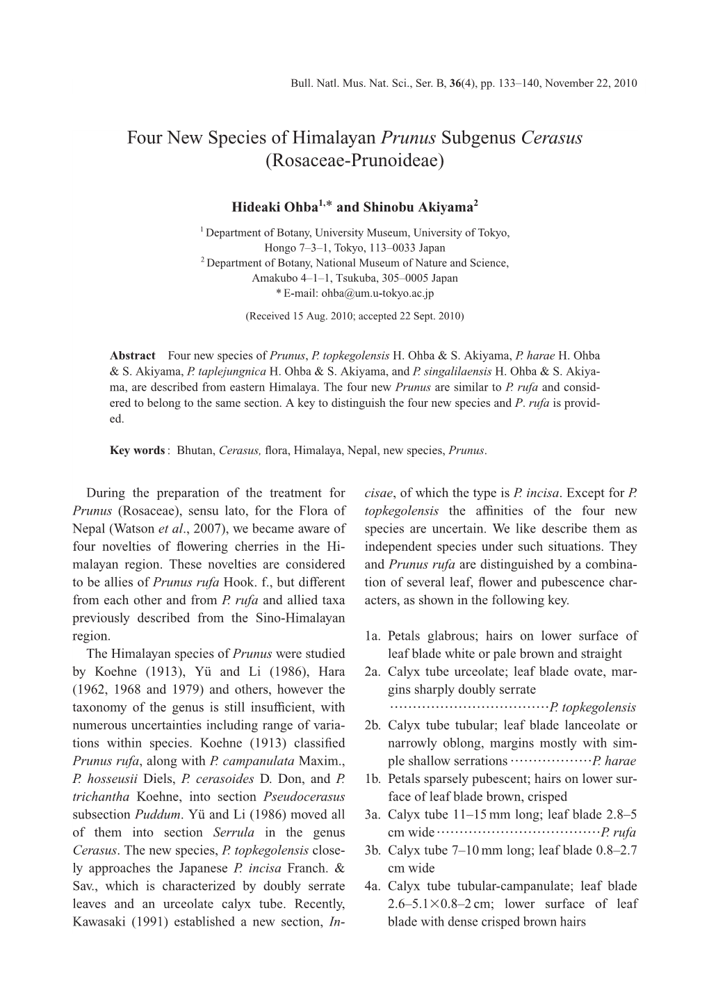 Four New Species of Himalayan Prunus Subgenus Cerasus (Rosaceae-Prunoideae)