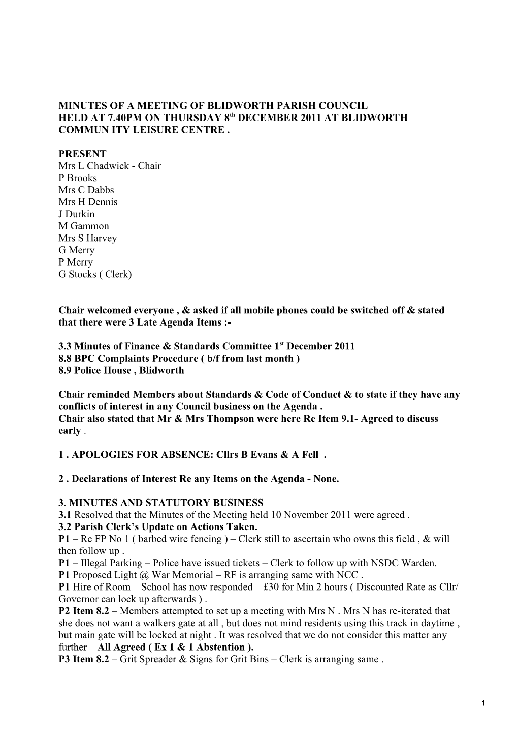 Minutes of a Meeting of Blidworth Parish Council