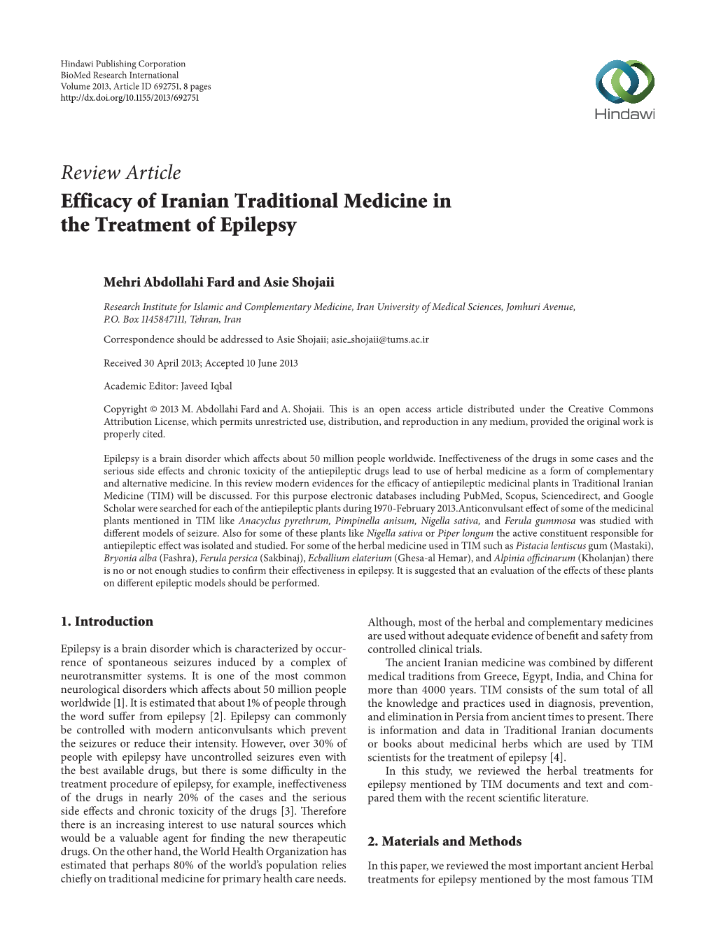 Efficacy of Iranian Traditional Medicine in the Treatment of Epilepsy