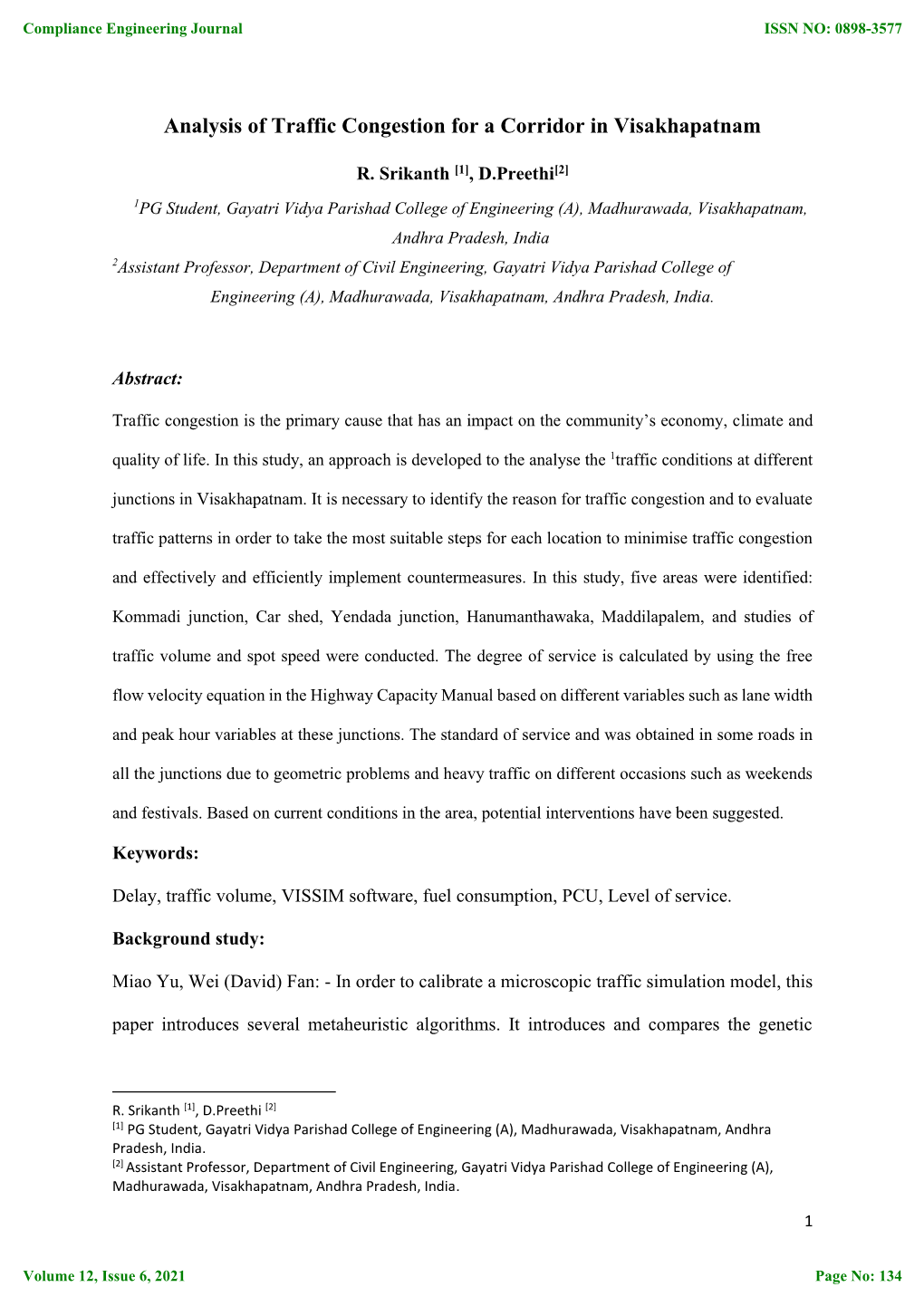 Analysis of Traffic Congestion for a Corridor in Visakhapatnam