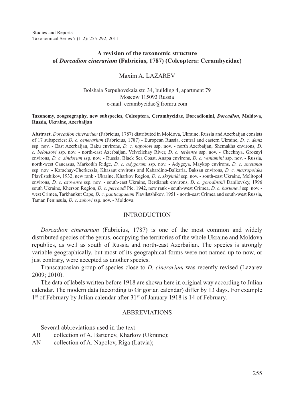 A Revison of the Taxonomic Structure of Dorcadion