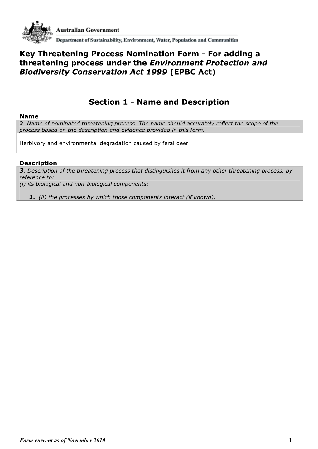 Key Threatening Process Nomination Form - for Adding a Threatening Process Under the Environment Protection and Biodiversity Conservation Act 1999 (EPBC Act)