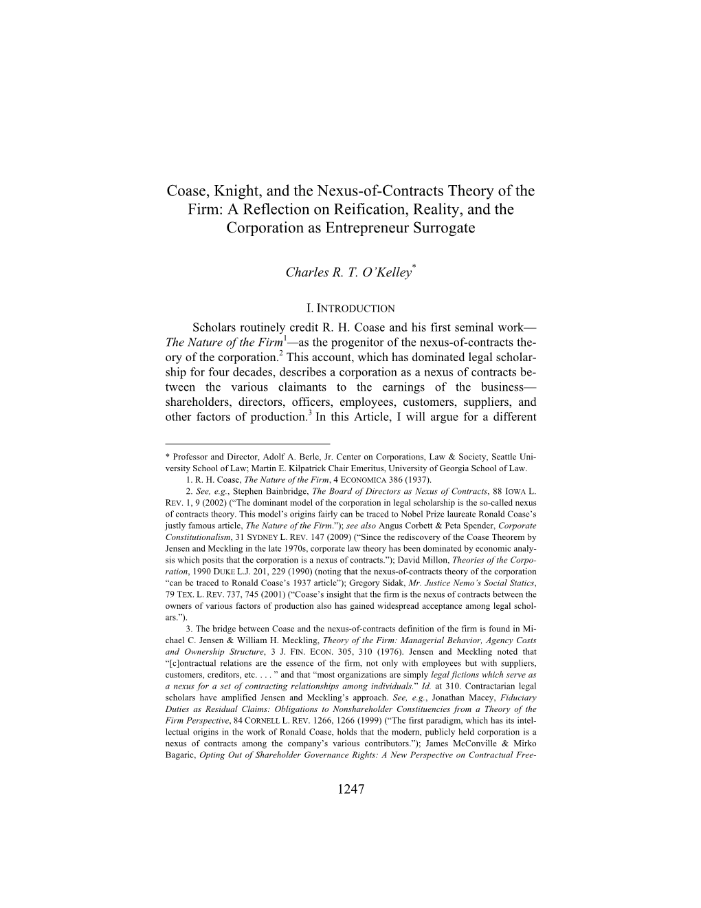 Coase, Knight, and the Nexus-Of-Contracts Theory of the Firm: a Reflection on Reification, Reality, and the Corporation As Entrepreneur Surrogate