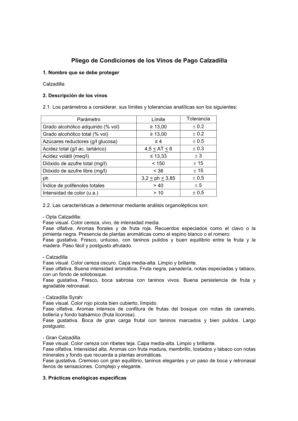 Pliego De Condiciones De Los Vinos De Pago Calzadilla