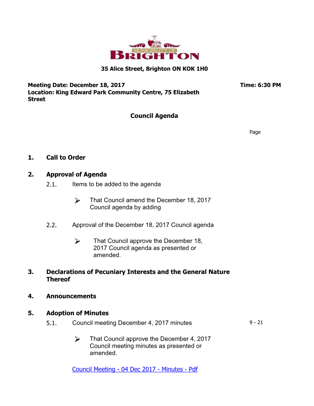Council Meeting December 4, 2017 Minutes 9 - 21