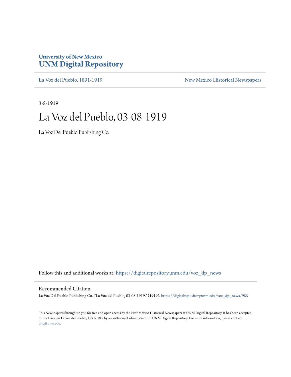 La Voz Del Pueblo, 03-08-1919 La Voz Del Pueblo Publishing Co