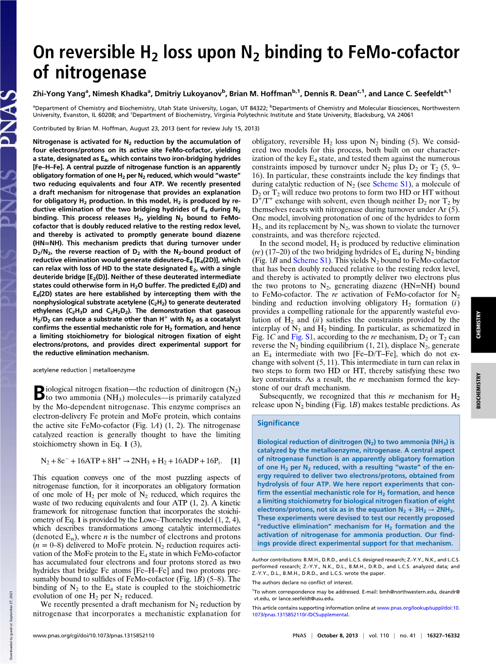 On Reversible H2 Loss Upon N2 Binding to Femo-Cofactor of Nitrogenase