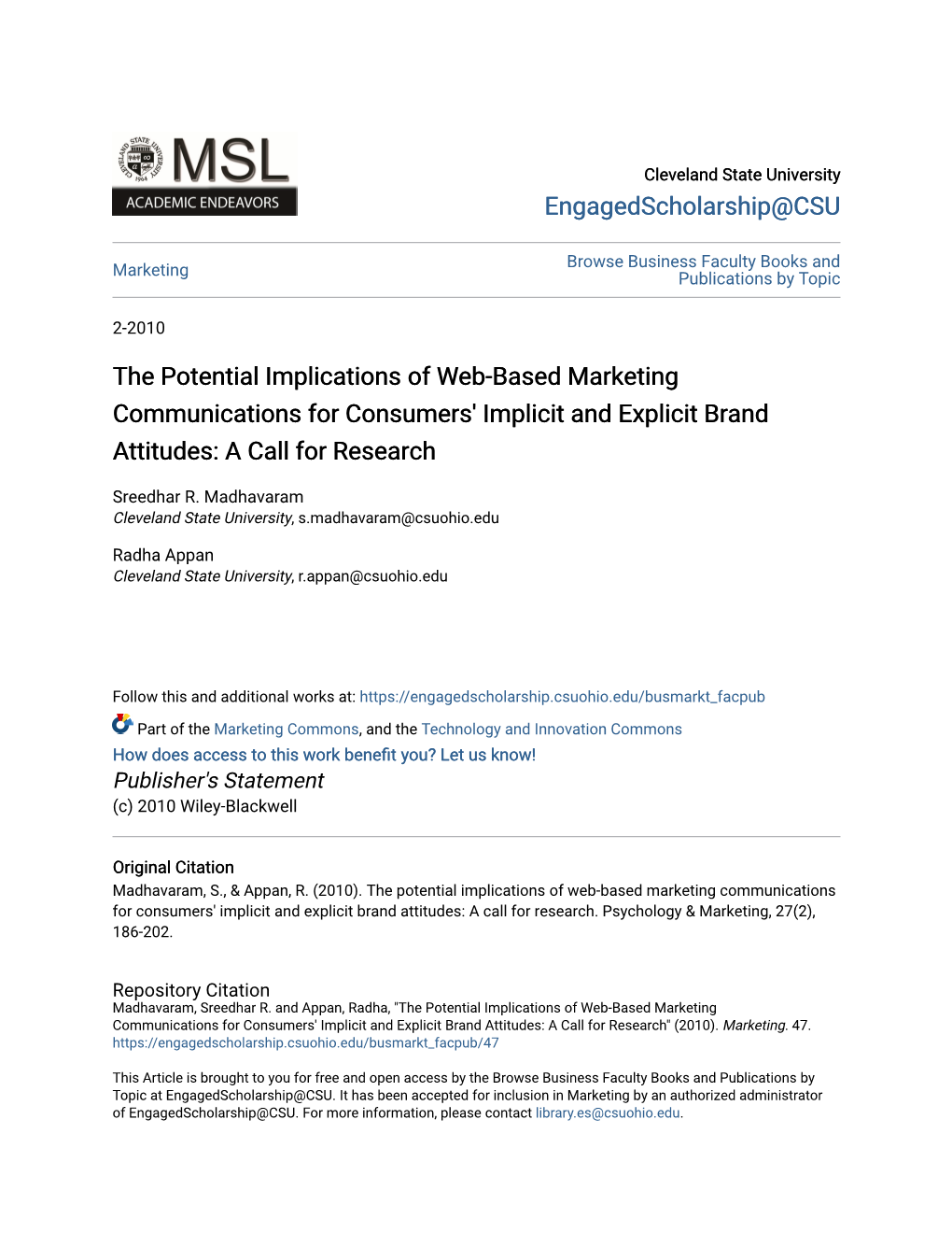 The Potential Implications of Web-Based Marketing Communications for Consumers' Implicit and Explicit Brand Attitudes: a Call for Research