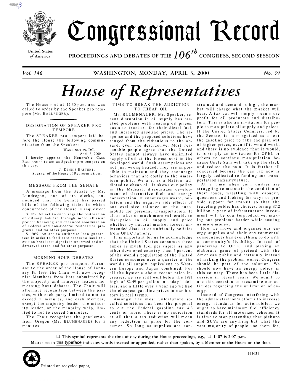 Congressional Record United States Th of America PROCEEDINGS and DEBATES of the 106 CONGRESS, SECOND SESSION