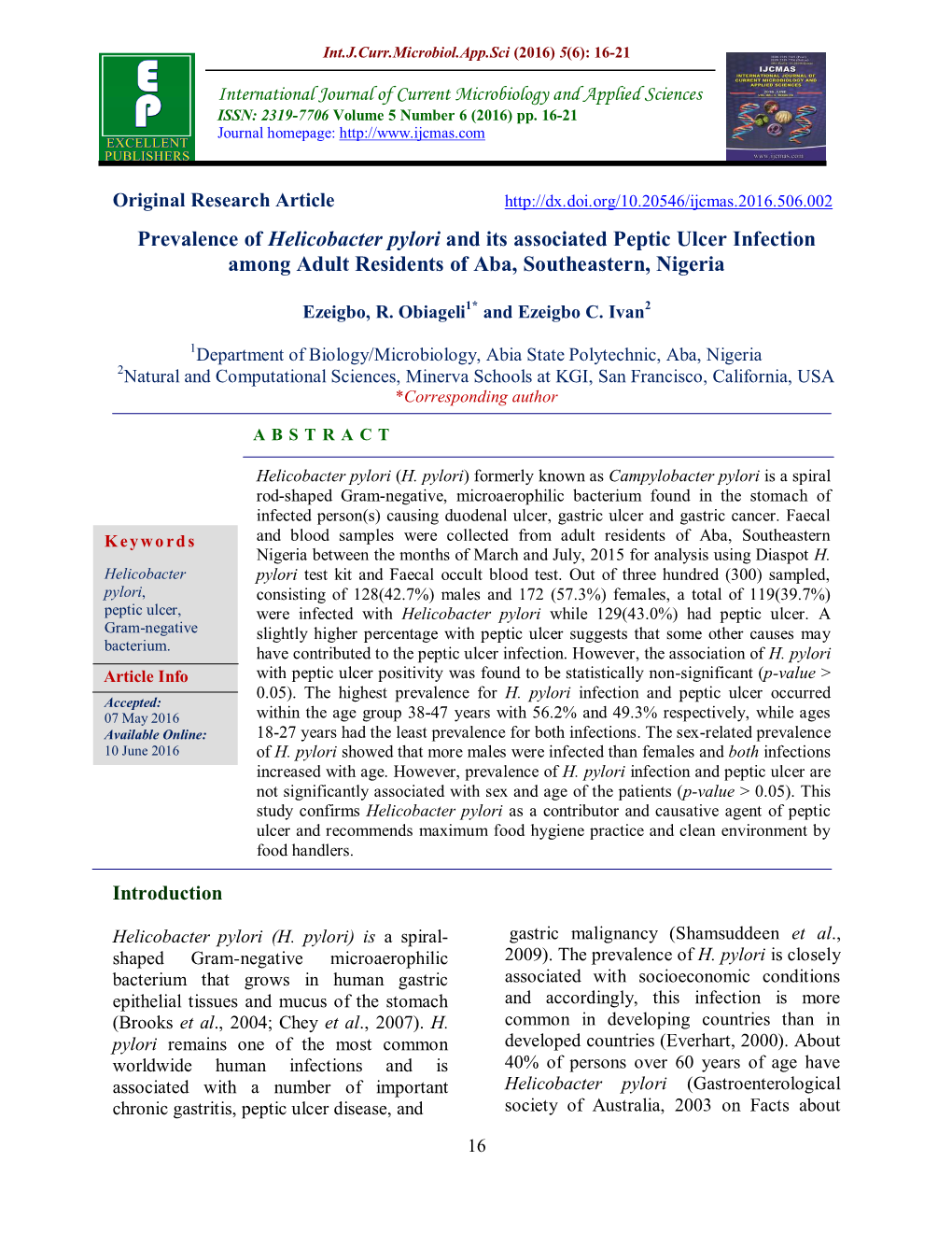 Prevalence of Helicobacter Pylori and Its Associated Peptic Ulcer Infection Among Adult Residents of Aba, Southeastern, Nigeria