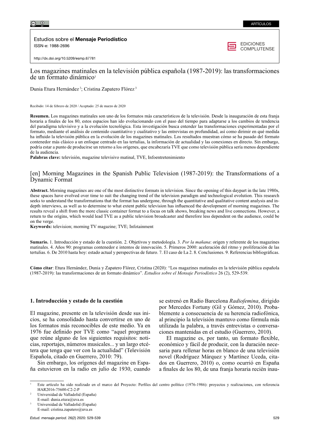 Los Magazines Matinales En La Televisión Pública Española (1987-2019): Las Transformaciones De Un Formato Dinámico1