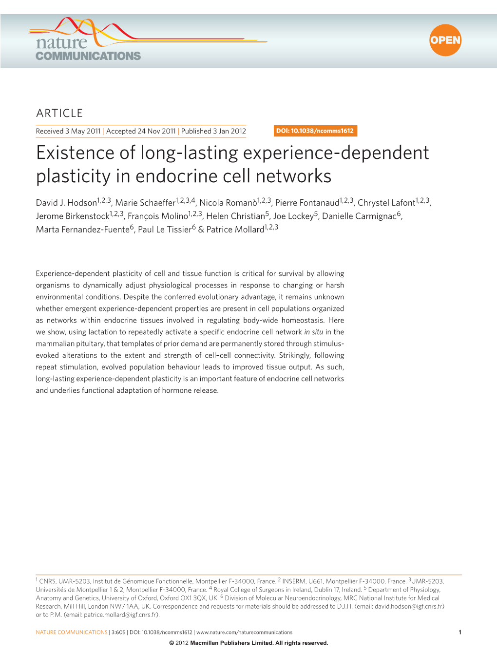 Existence of Long-Lasting Experience-Dependent Plasticity in Endocrine Cell Networks