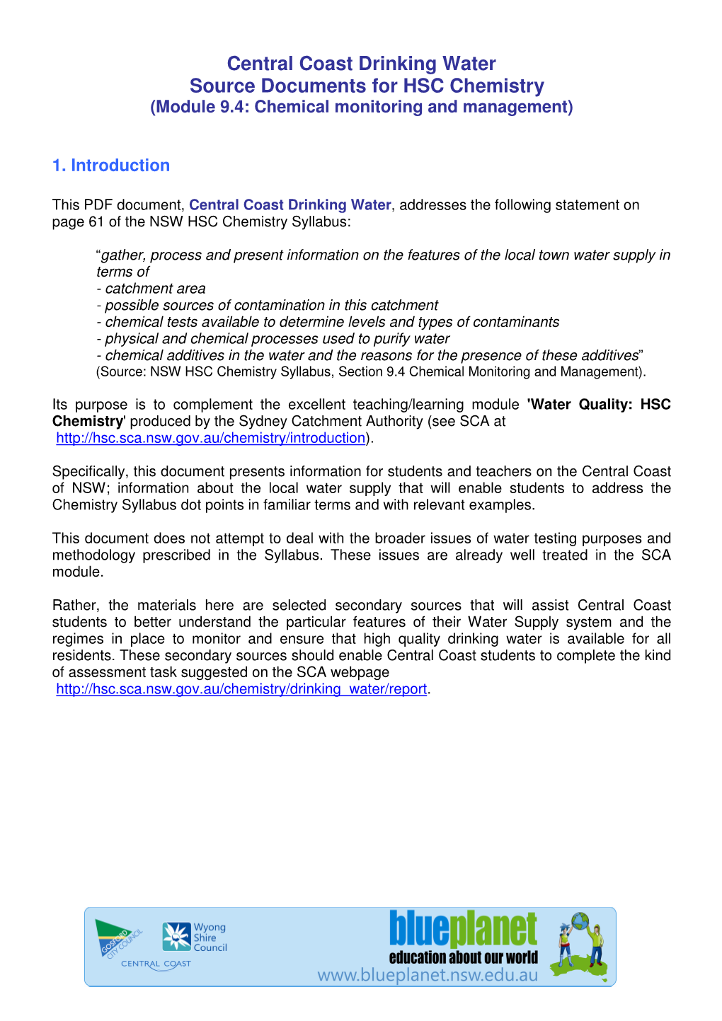 Central Coast Drinking Water Source Documents for HSC Chemistry (Module 9.4: Chemical Monitoring and Management)