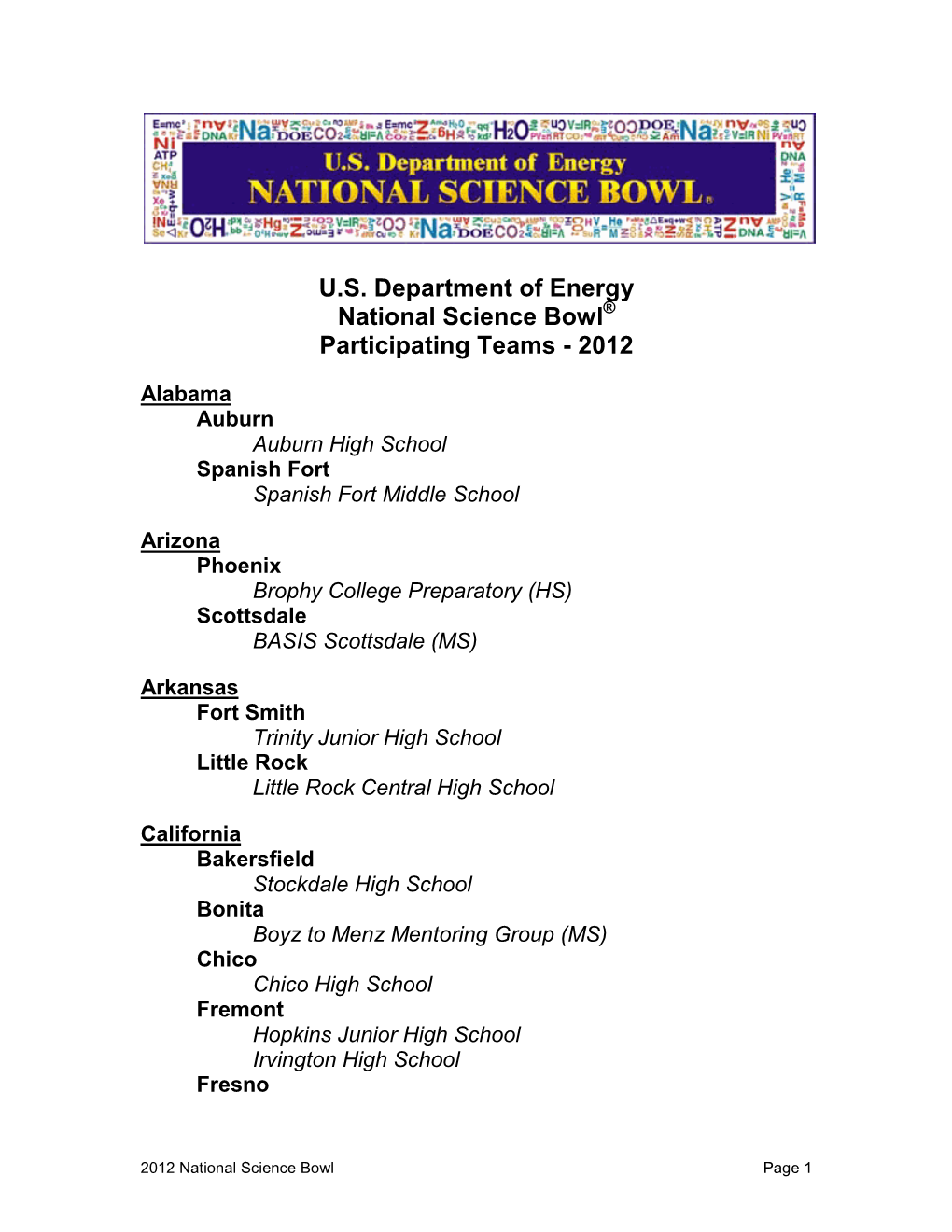 U.S. Department of Energy National Science Bowl Participating Teams