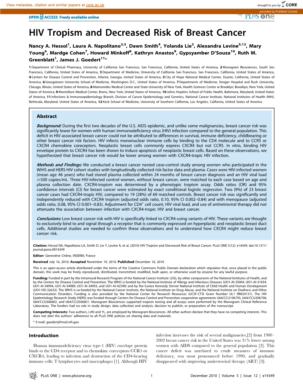 HIV Tropism and Decreased Risk of Breast Cancer