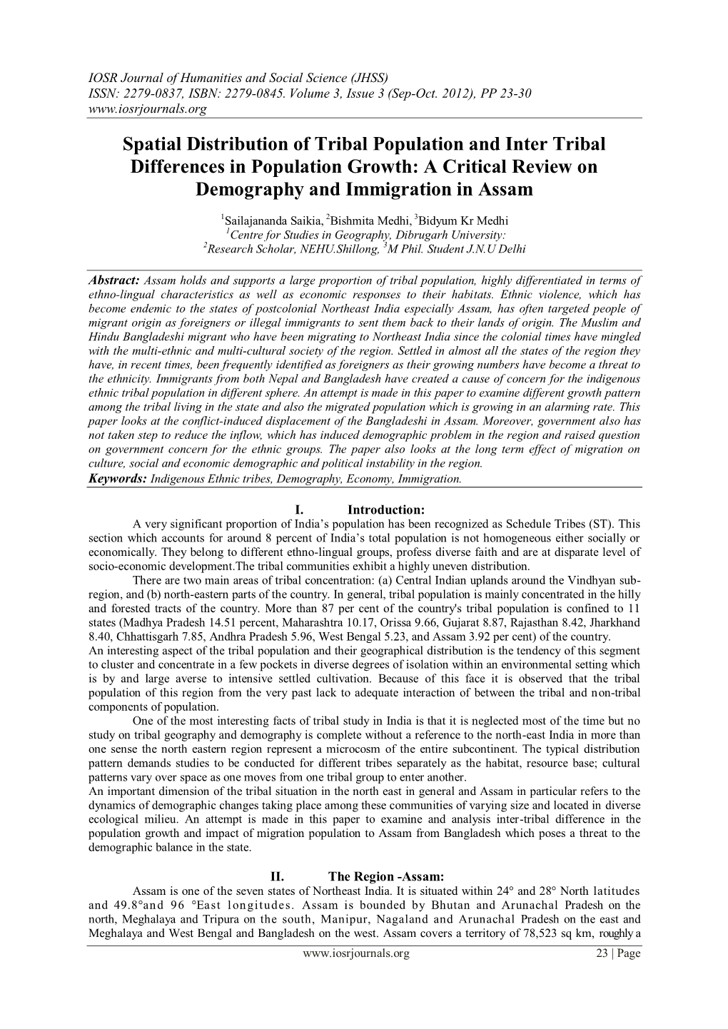 Spatial Distribution of Tribal Population and Inter Tribal Differences in Population Growth: a Critical Review on Demography and Immigration in Assam