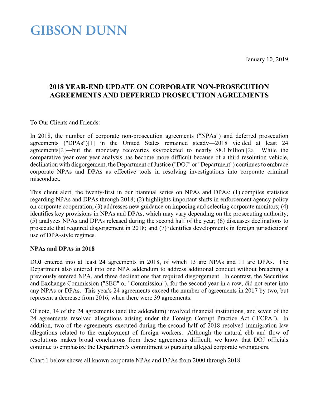 2018 Year-End Update on Corporate Non-Prosecution Agreements and Deferred Prosecution Agreements