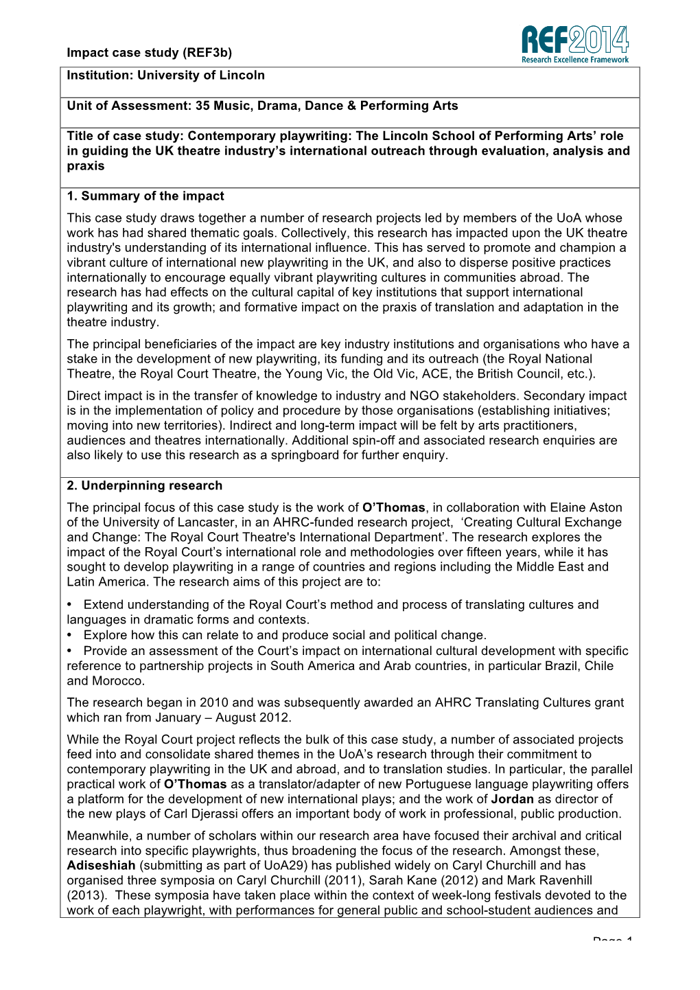Impact Case Study (Ref3b) Page 1 Institution: University of Lincoln Unit