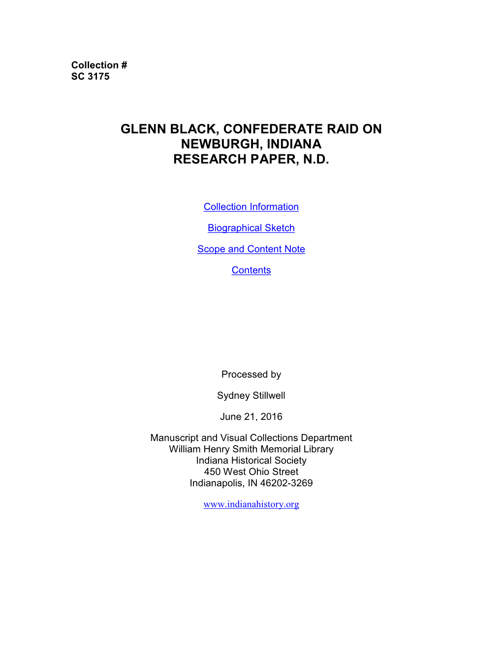 Glenn Black, Confederate Raid on Newburgh, Indiana Research Paper, N.D