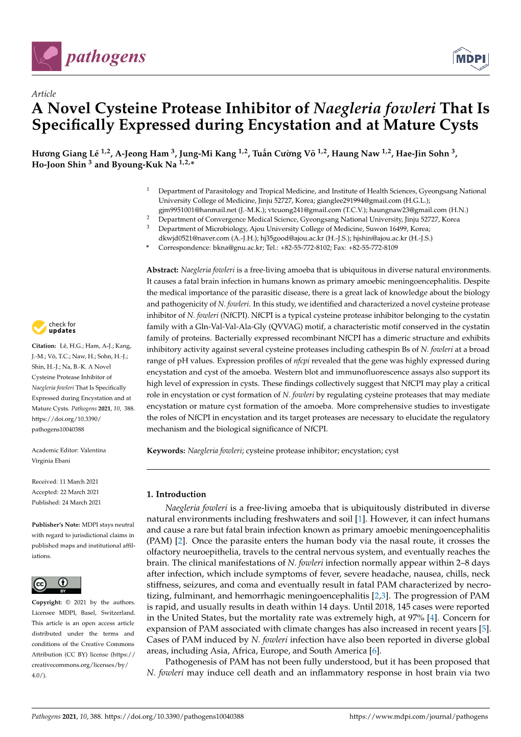 A Novel Cysteine Protease Inhibitor of Naegleria Fowleri That Is Specifically Expressed During Encystation and at Mature Cysts