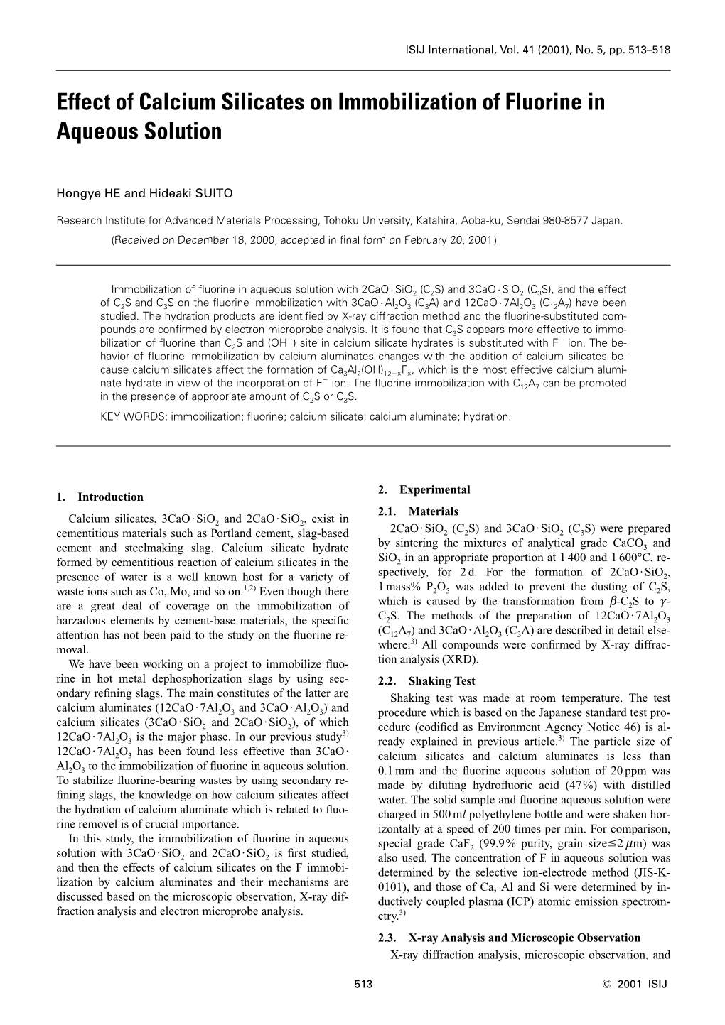 Effect of Calcium Silicates on Immobilization of Fluorine in Aqueous Solution