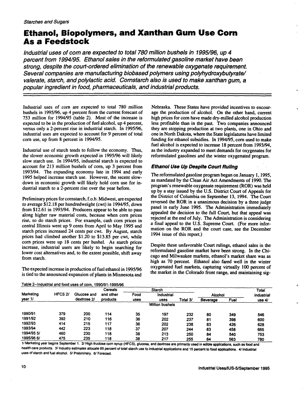 Industrial Uses of Agricultural Materials Situation and Outlook