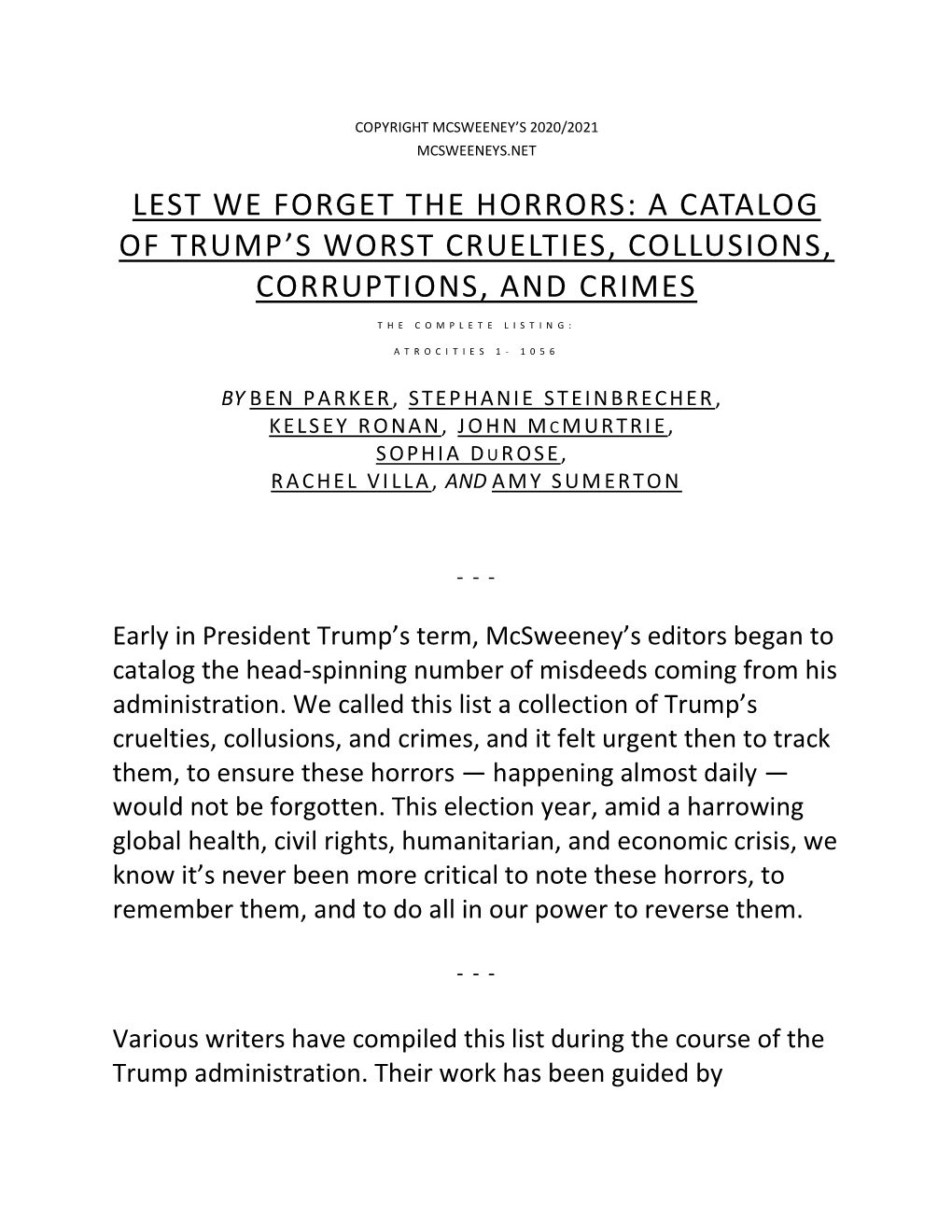 Lest We Forget the Horrors: a Catalog of Trump's Worst Cruelties, Collusions, Corruptions, and Crimes