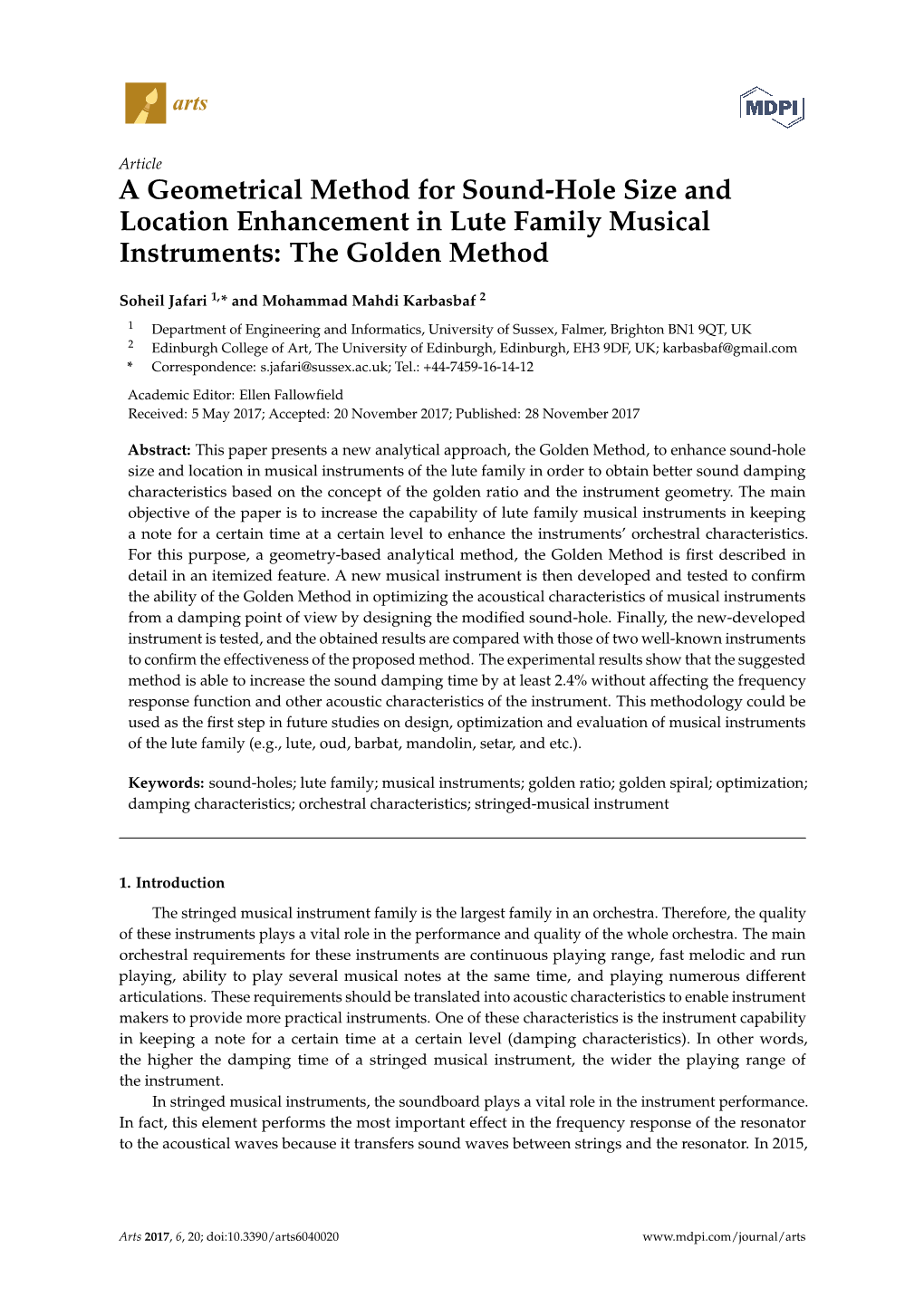 A Geometrical Method for Sound-Hole Size and Location Enhancement in Lute Family Musical Instruments: the Golden Method