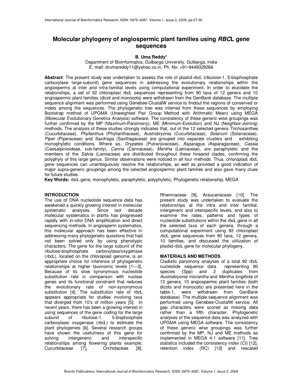 Molecular Phylogeny of Angiospermic Plant Families Using RBCL Gene Sequences