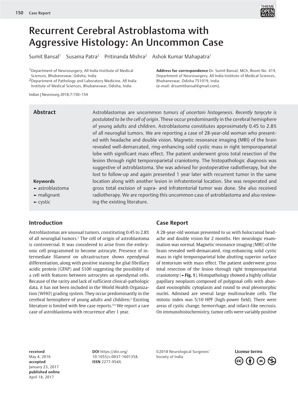 Recurrent Cerebral Astroblastoma with Aggressive Histology: an Uncommon Case