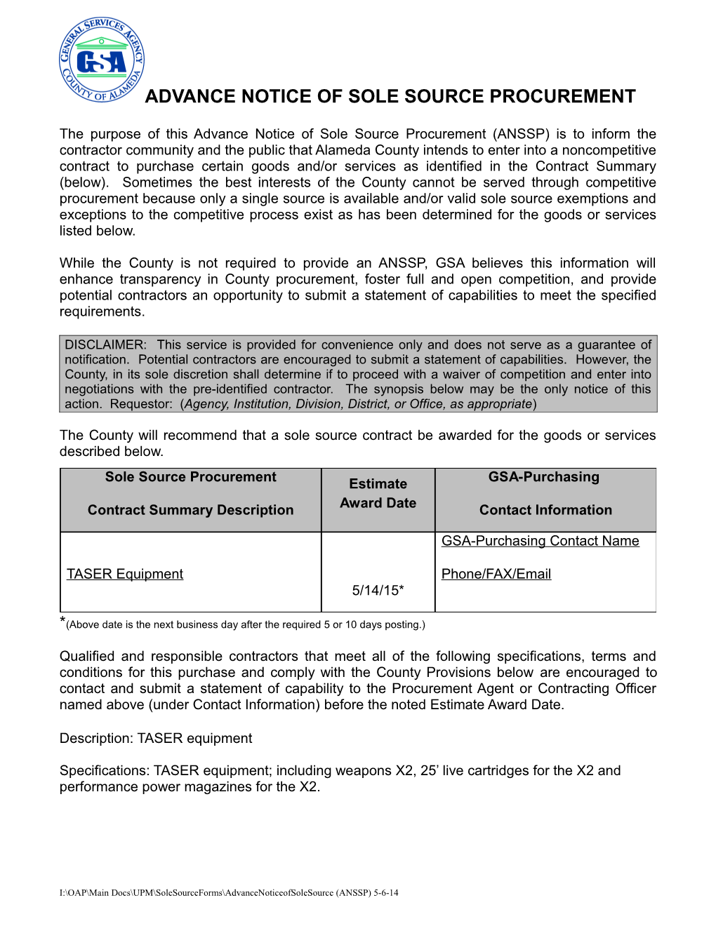 Advance Notice of Sole Source Procurement s9