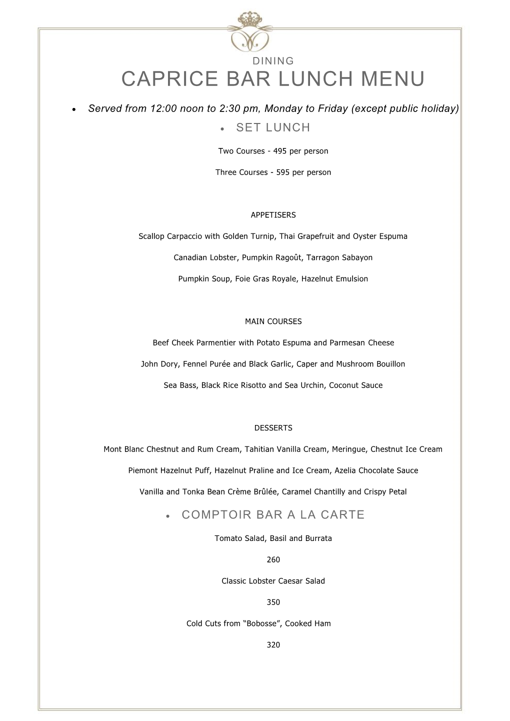 Caprice Bar Lunch Menu