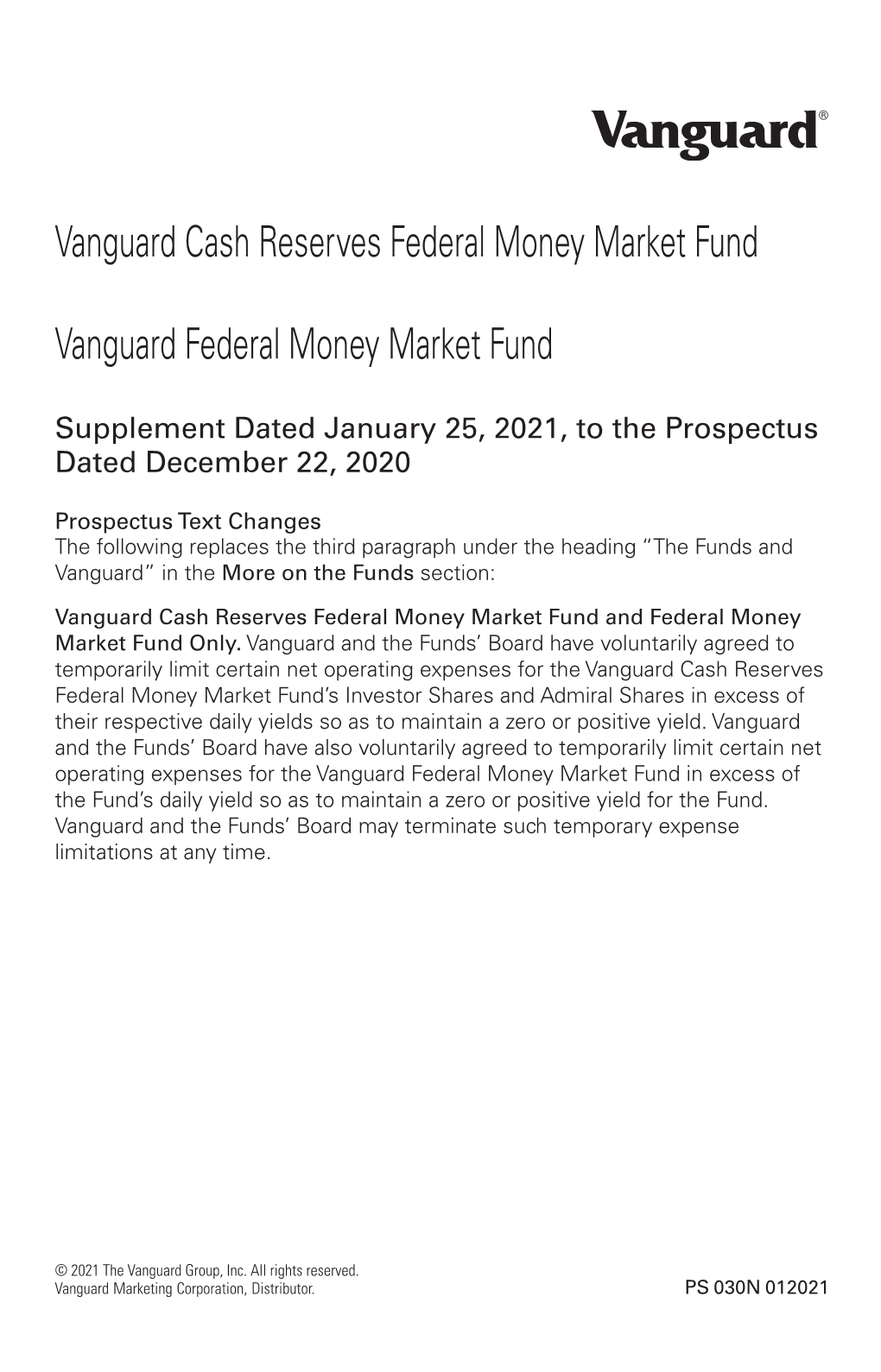 Vanguard Cash Reserves Federal Money Market Fund Vanguard