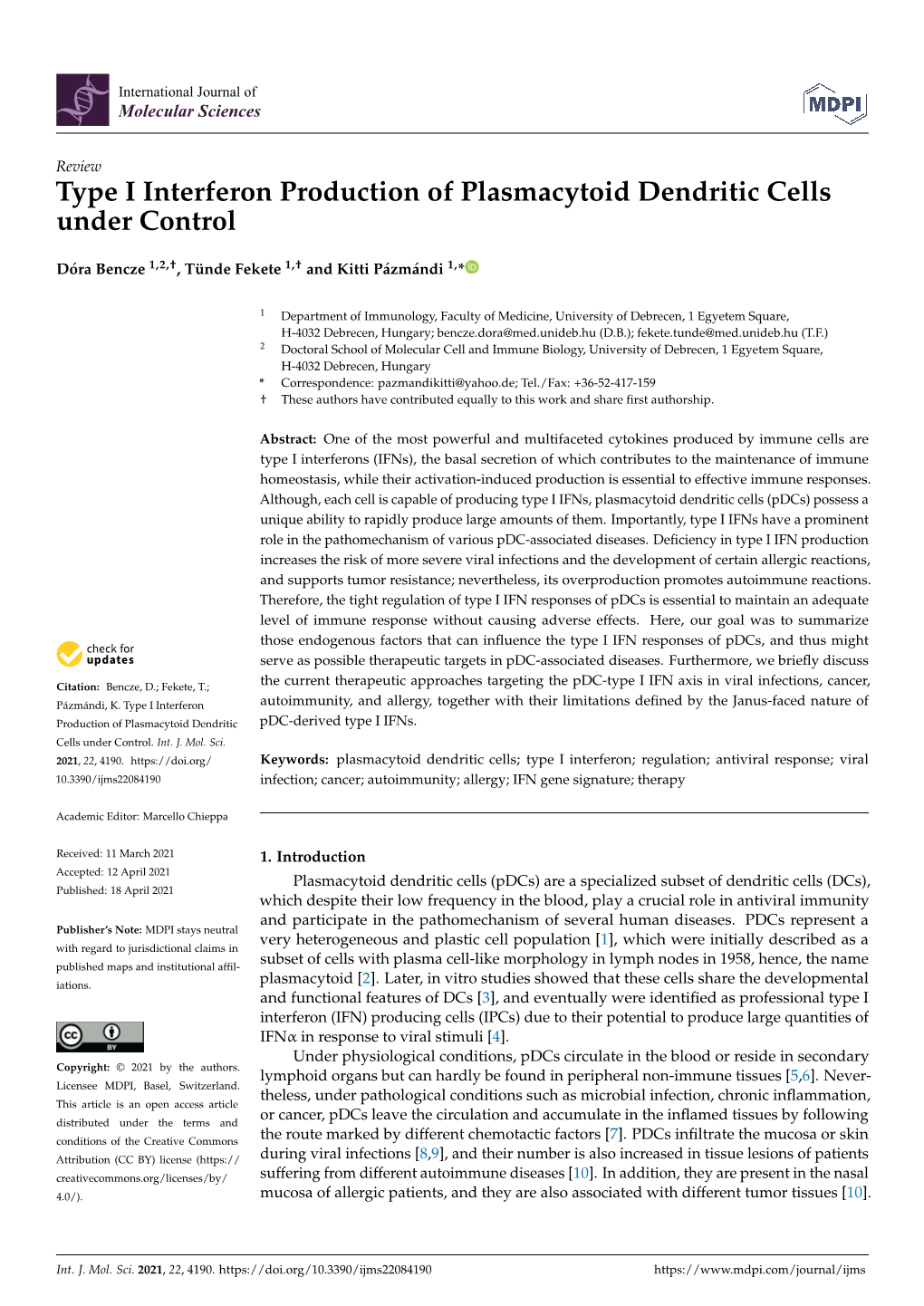 Type I Interferon Production of Plasmacytoid Dendritic Cells Under Control